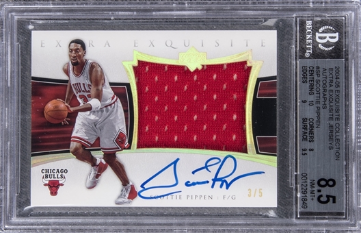 2004-05 UD "Exquisite Collection" Extra Exquisite Jerseys Autographs #SP Scottie Pippen Signed Game Used Patch Card (#3/5) – BGS NM-MT+ 8.5/BGS 10